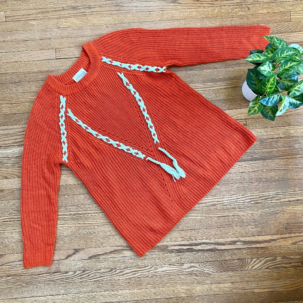 Hayden Orange Knit Sweater Boho Lace Up Detail Crewneck Pullover - Picture 3 of 10